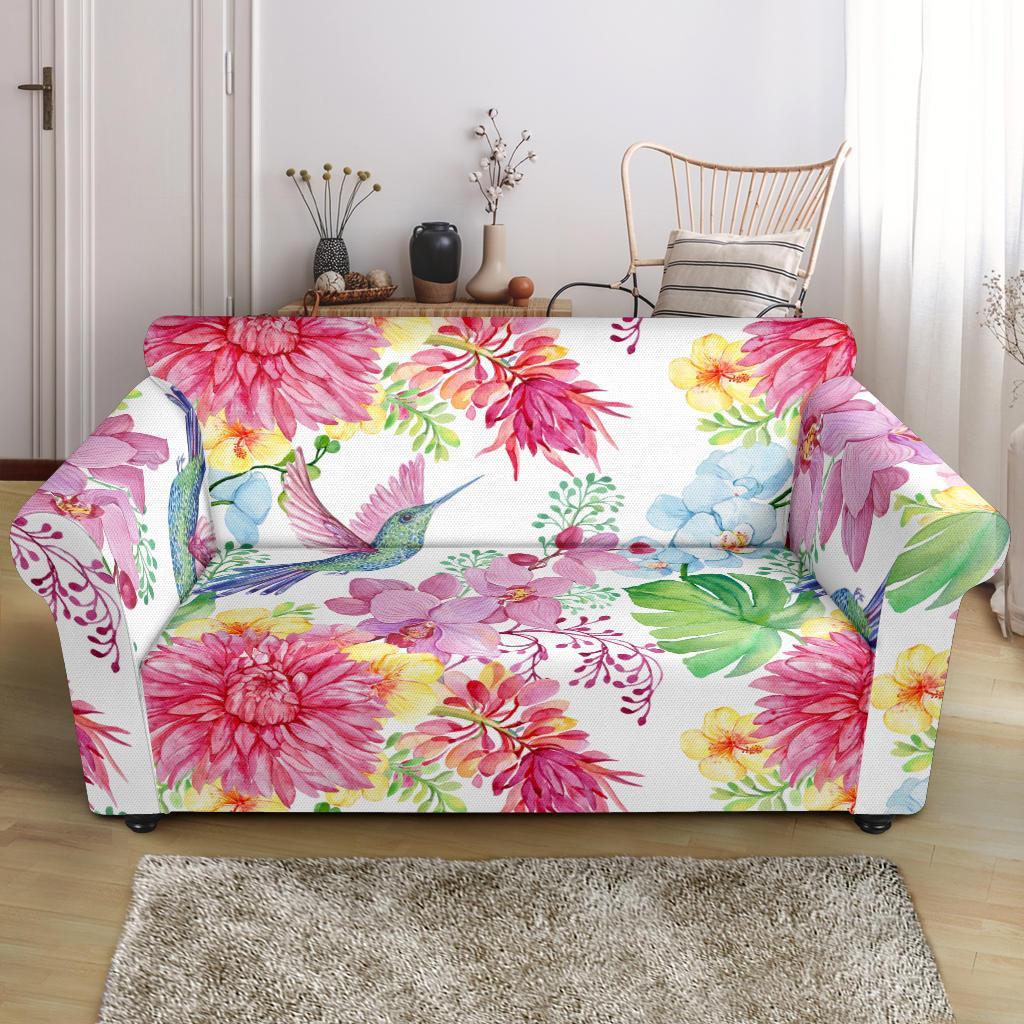 Hummingbird White Floral Drawing Loveseat Cover-grizzshop