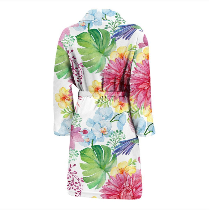 Hummingbird White Floral Drawing Men Long Robe