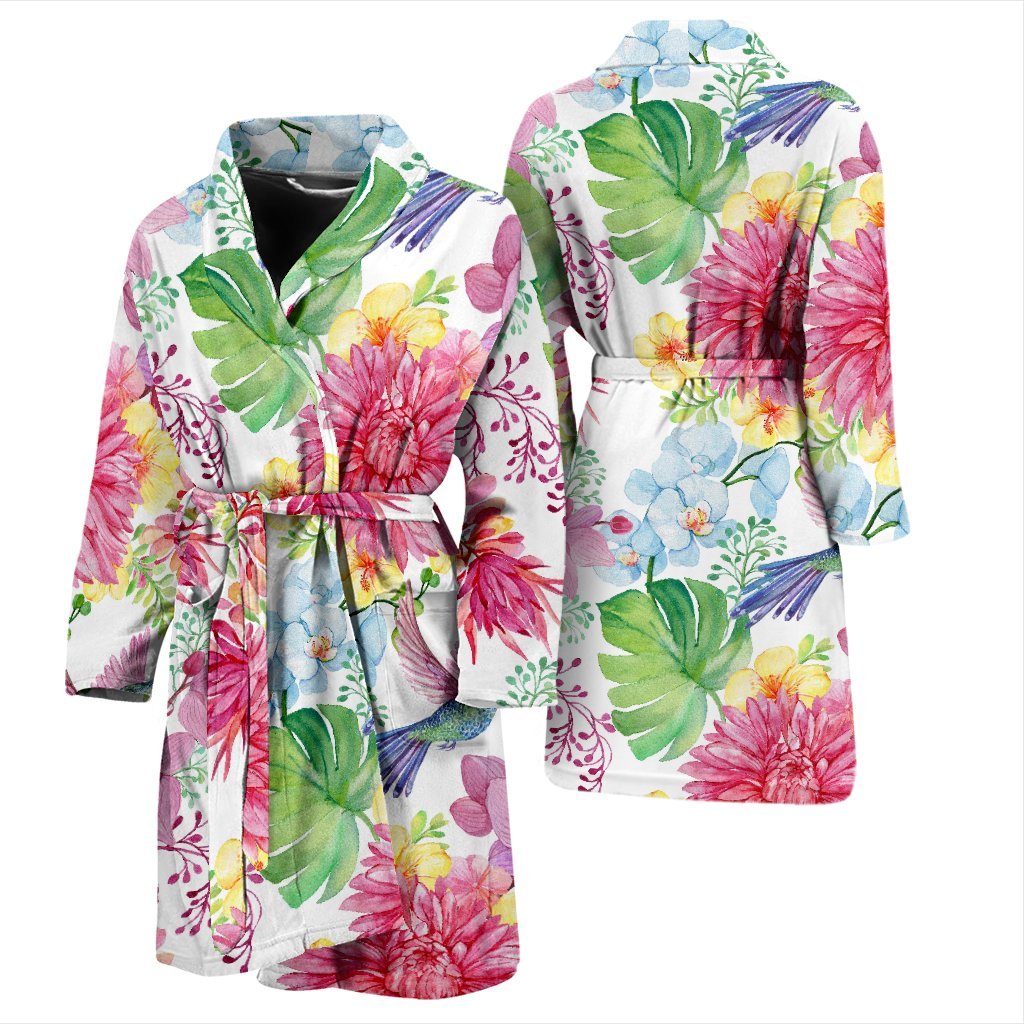 Hummingbird White Floral Drawing Men Long Robe-grizzshop