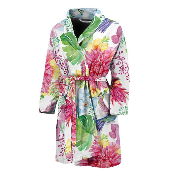 Hummingbird White Floral Drawing Men Long Robe