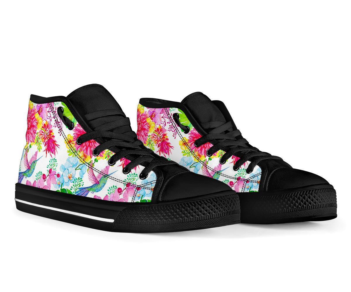 Hummingbird White Floral Drawing Men Women's High Top Shoes-grizzshop