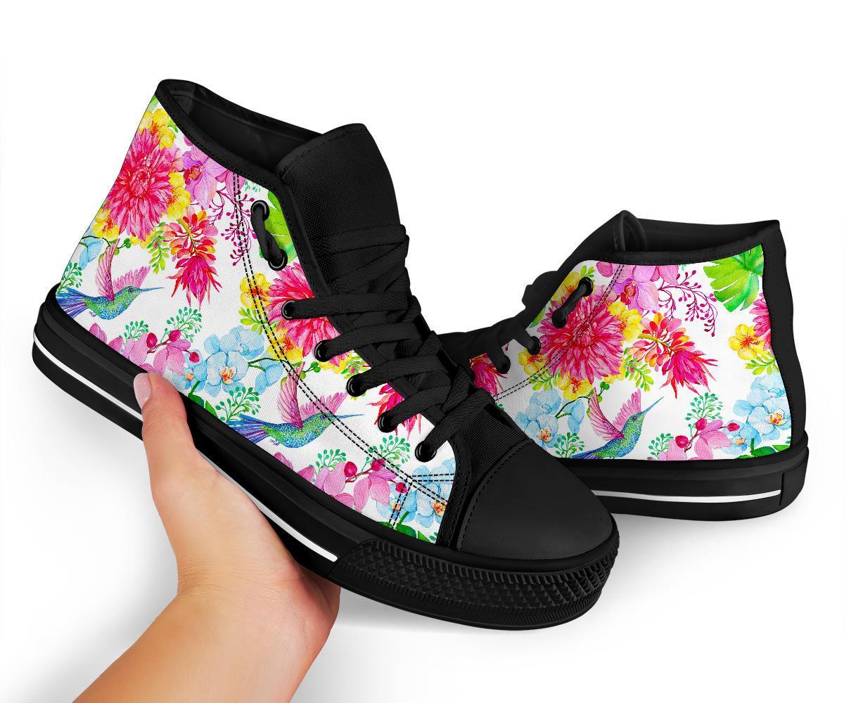 Hummingbird White Floral Drawing Men Women's High Top Shoes-grizzshop