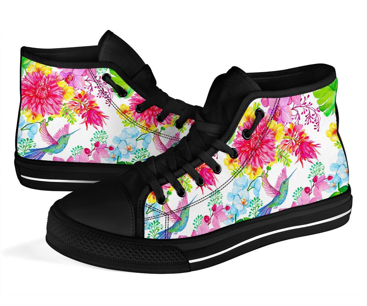 Hummingbird White Floral Drawing Men Women's High Top Shoes-grizzshop