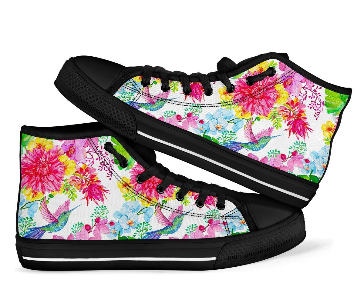Hummingbird White Floral Drawing Men Women's High Top Shoes-grizzshop