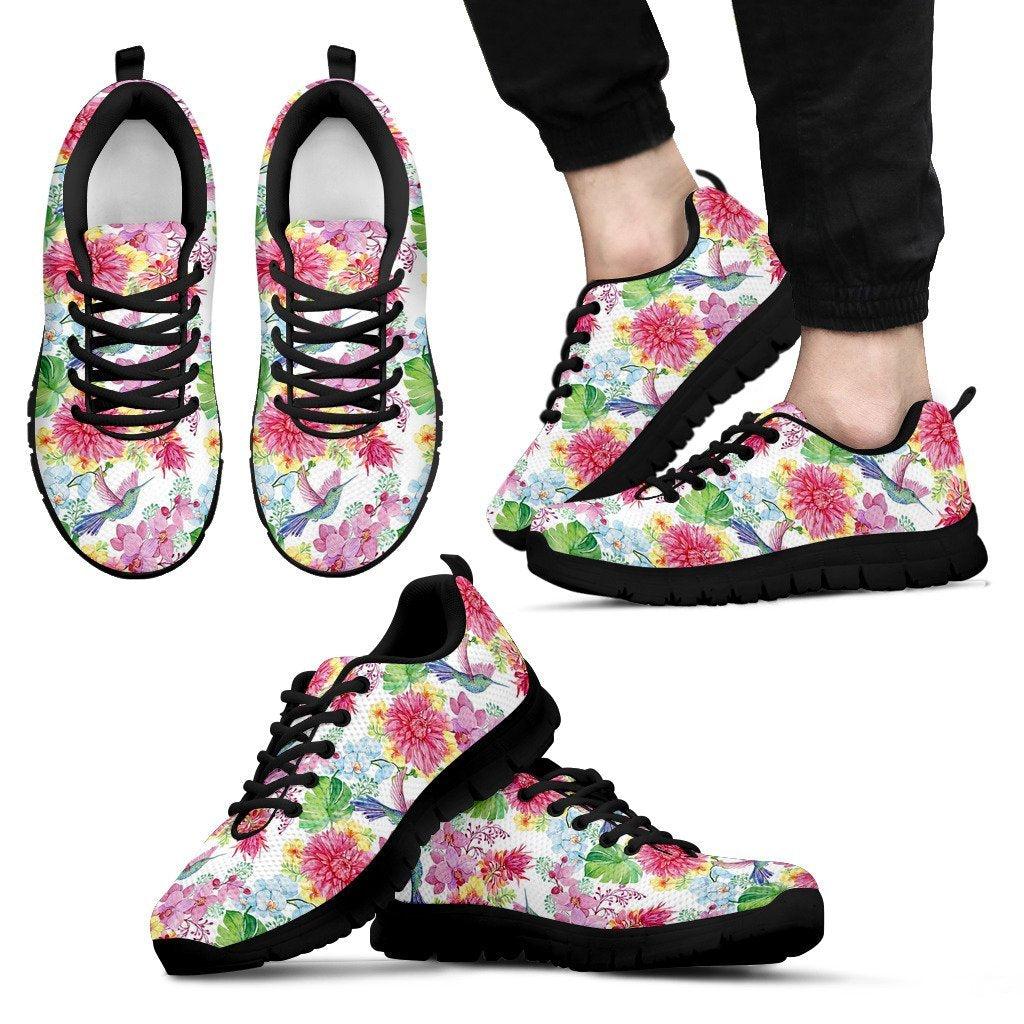 Hummingbird White Floral Drawing Pattern Print Black Sneaker Shoes For Men Women-grizzshop