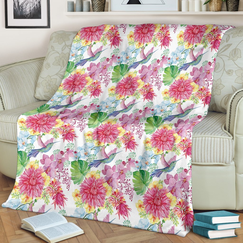 Hummingbird White Floral Drawing Pattern Print Blanket-grizzshop