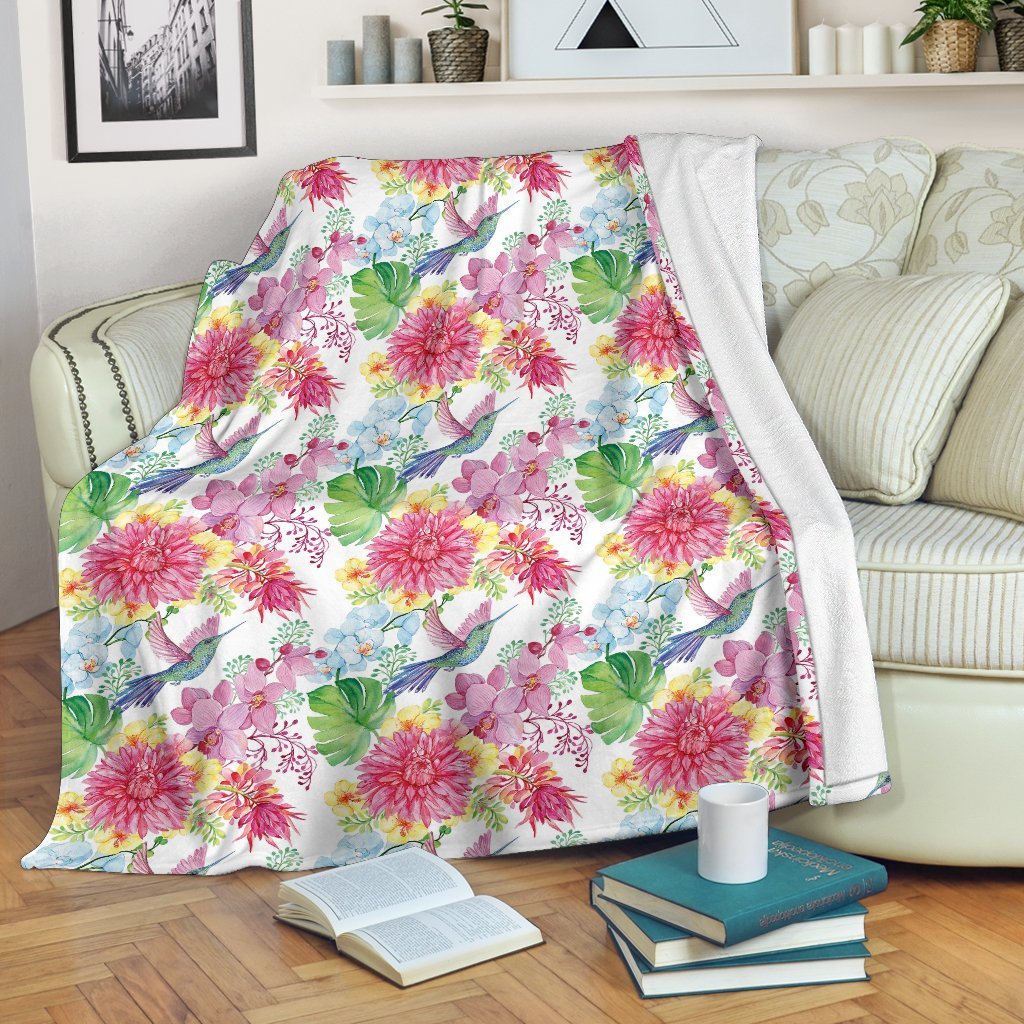 Hummingbird White Floral Drawing Pattern Print Blanket-grizzshop