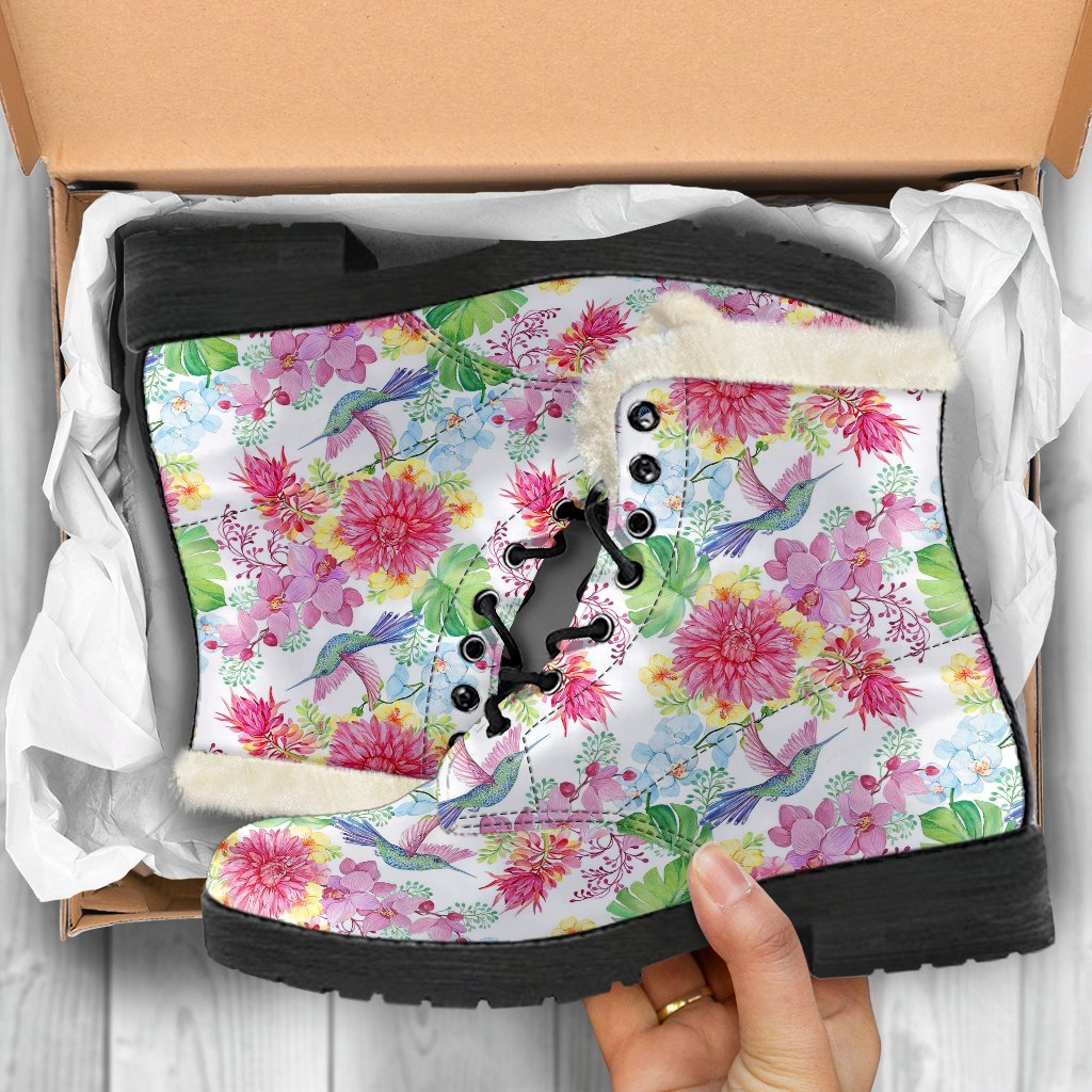 Hummingbird White Floral Drawing Pattern Print Comfy Winter Boots-grizzshop