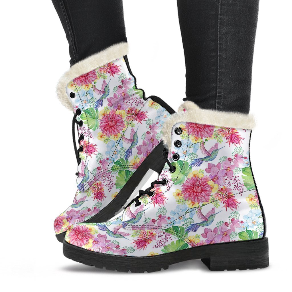 Hummingbird White Floral Drawing Pattern Print Comfy Winter Boots-grizzshop
