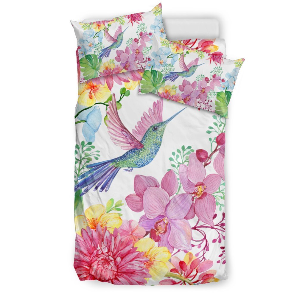 Hummingbird White Floral Drawing Pattern Print Duvet Cover Bedding Set-grizzshop