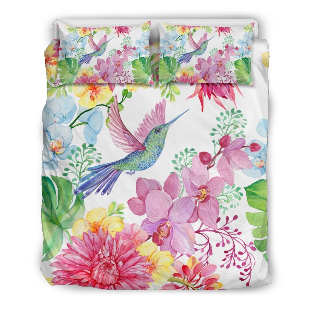 Hummingbird White Floral Drawing Pattern Print Duvet Cover Bedding Set-grizzshop