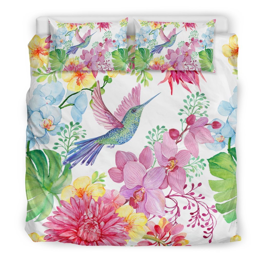 Hummingbird White Floral Drawing Pattern Print Duvet Cover Bedding Set-grizzshop