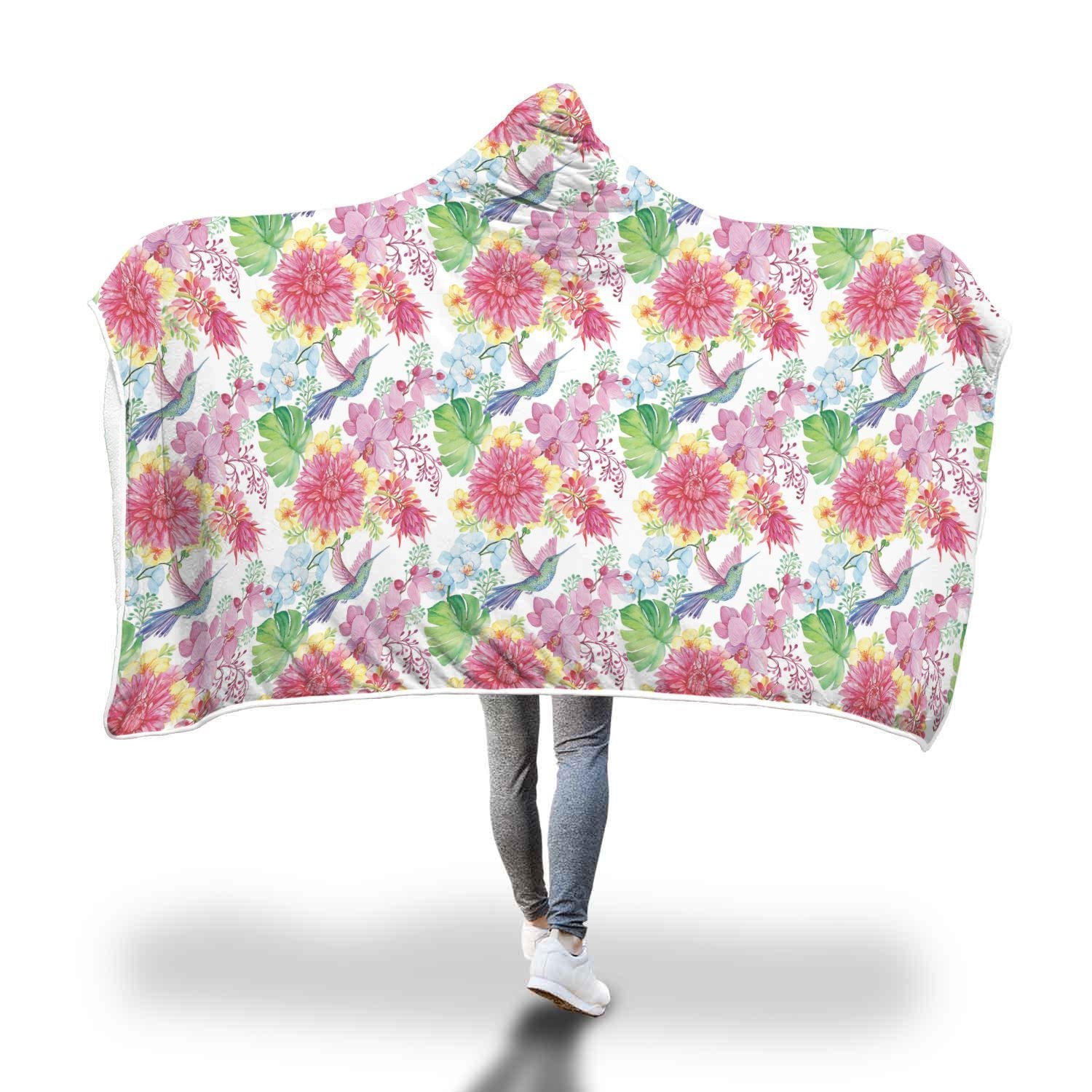Hummingbird White Floral Drawing Pattern Print Hooded Blanket-grizzshop