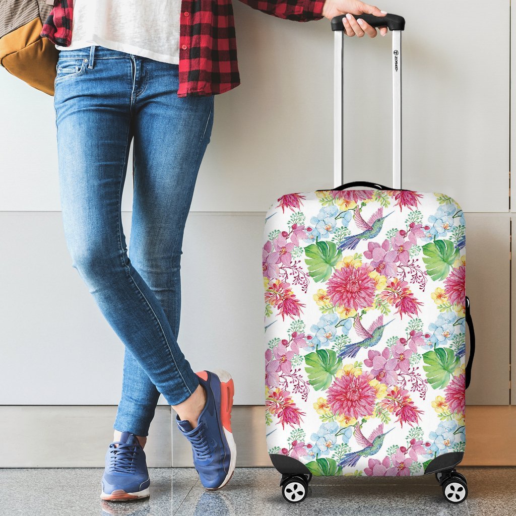 Hummingbird White Floral Drawing Pattern Print Luggage Cover Protector-grizzshop