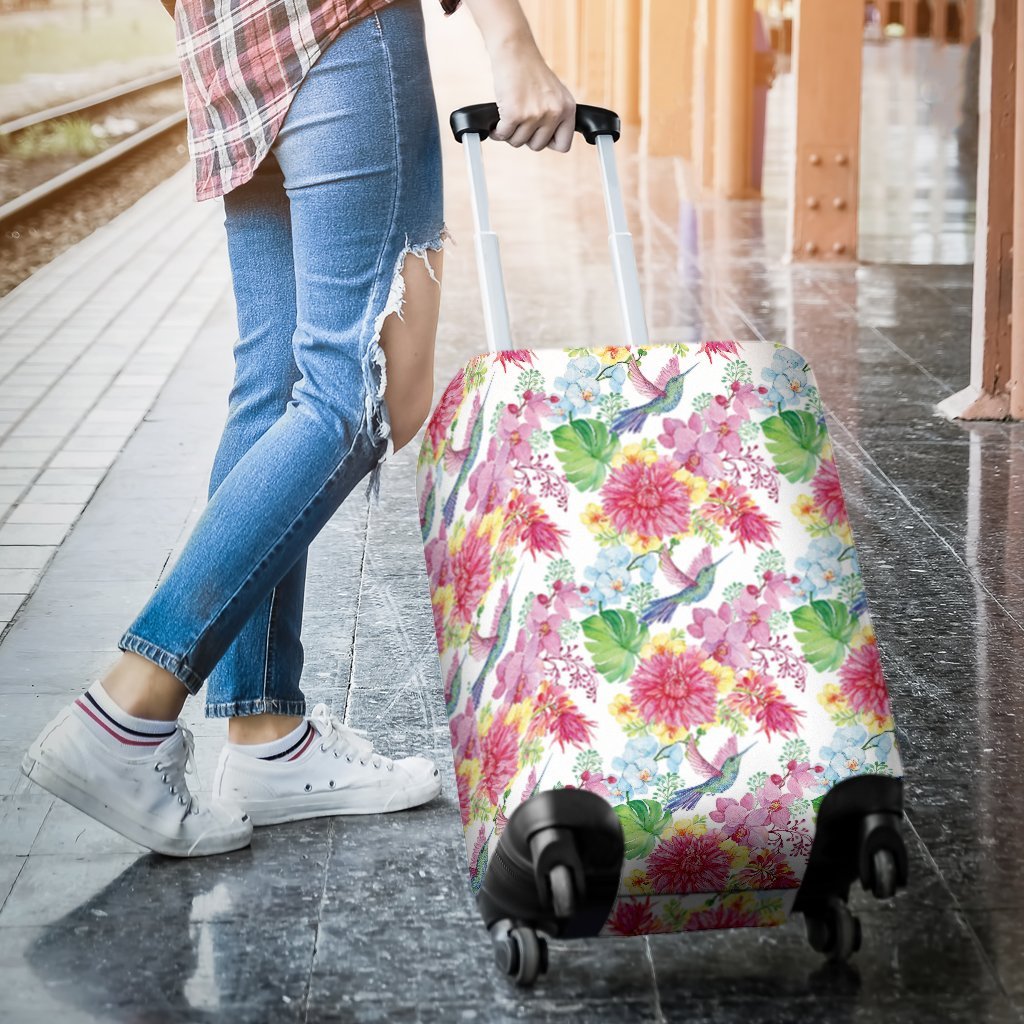 Hummingbird White Floral Drawing Pattern Print Luggage Cover Protector-grizzshop