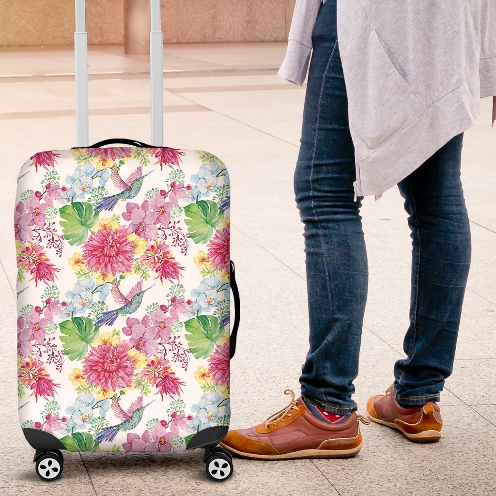 Hummingbird White Floral Drawing Pattern Print Luggage Cover Protector-grizzshop