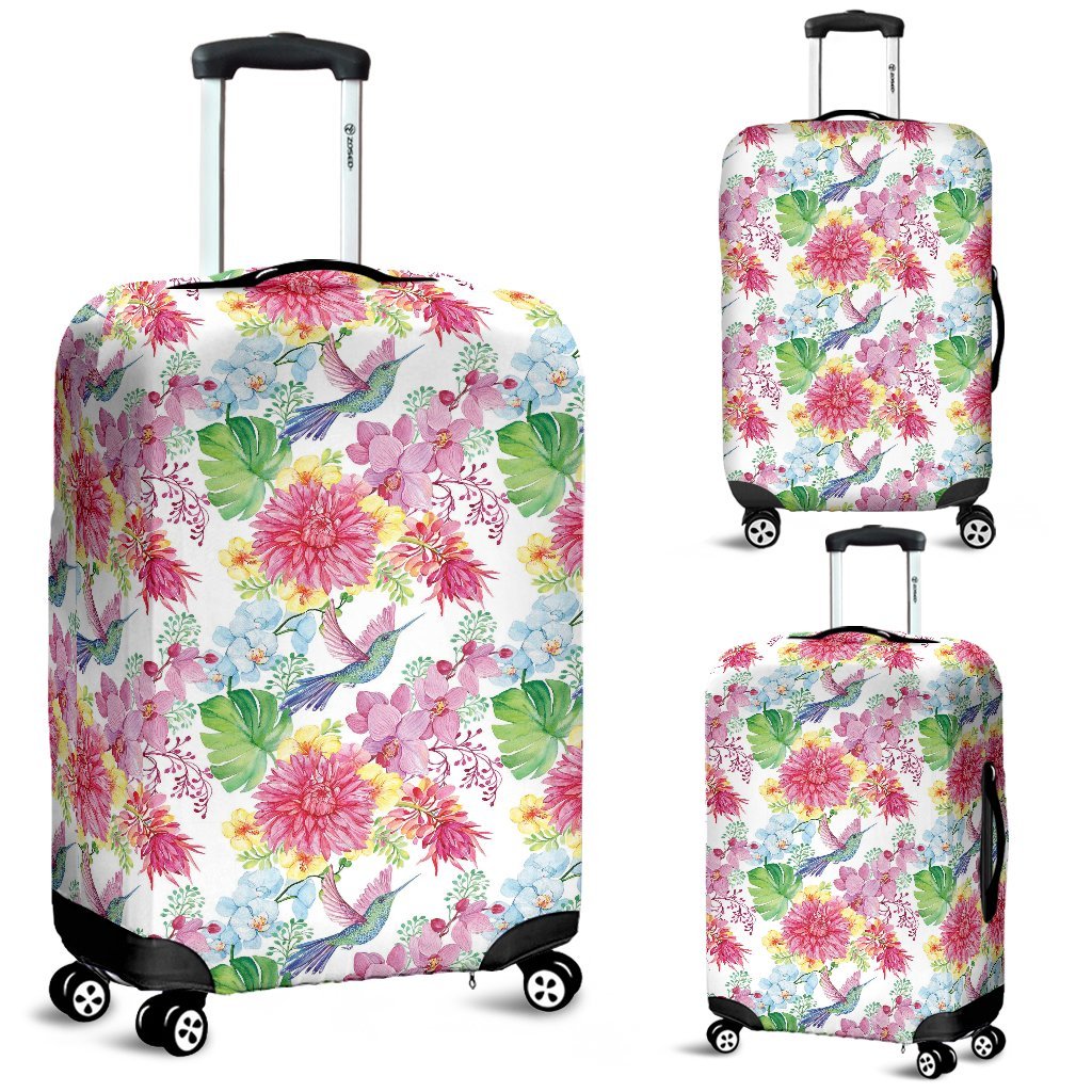 Hummingbird White Floral Drawing Pattern Print Luggage Cover Protector-grizzshop