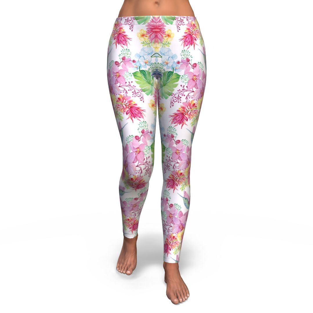 Hummingbird White Floral Drawing Pattern Print Pattern Women Leggings-grizzshop