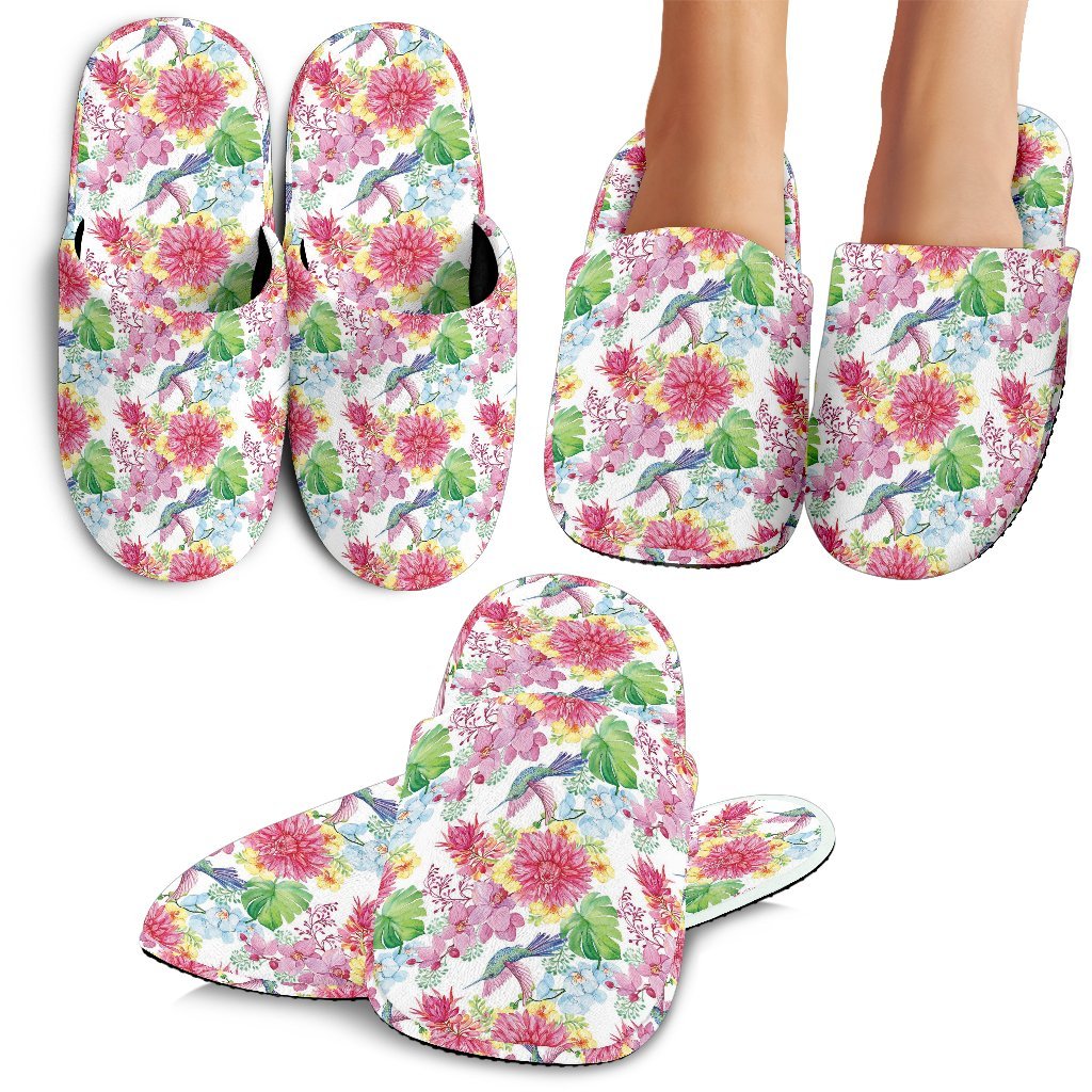 Hummingbird White Floral Drawing Pattern Print Premium Home Slippers-grizzshop