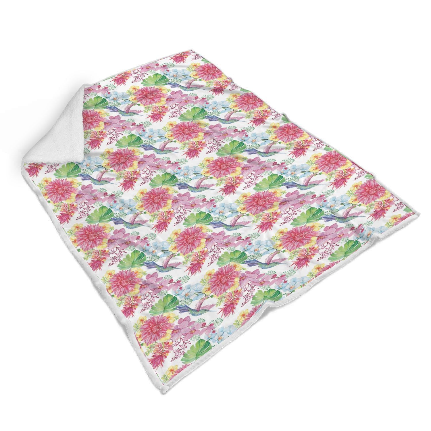 Hummingbird White Floral Drawing Pattern Print Throw Blanket-grizzshop