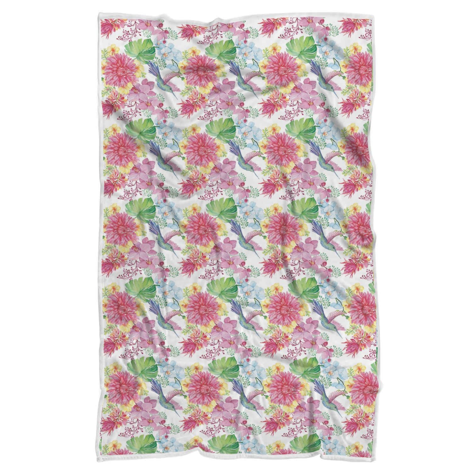 Hummingbird White Floral Drawing Pattern Print Throw Blanket-grizzshop