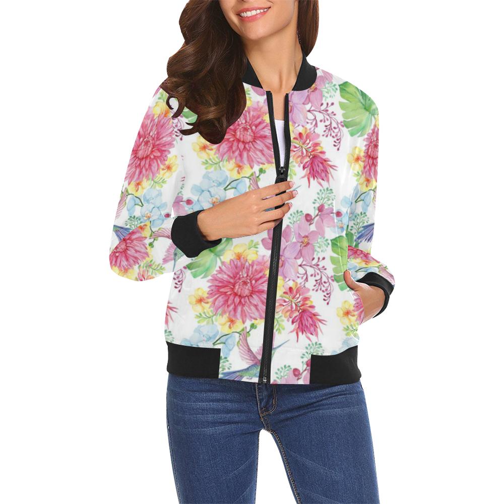 Hummingbird White Floral Drawing Pattern Print Women Casual Bomber Jacket-grizzshop