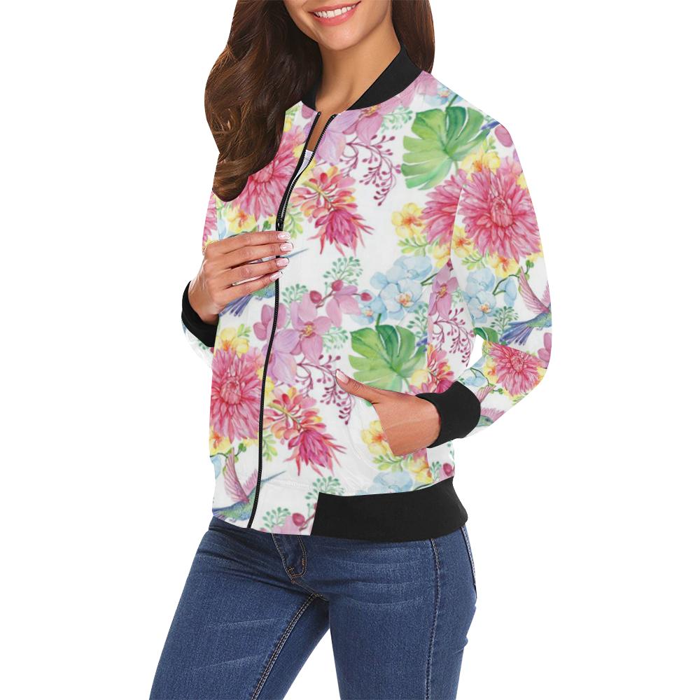 Hummingbird White Floral Drawing Pattern Print Women Casual Bomber Jacket-grizzshop
