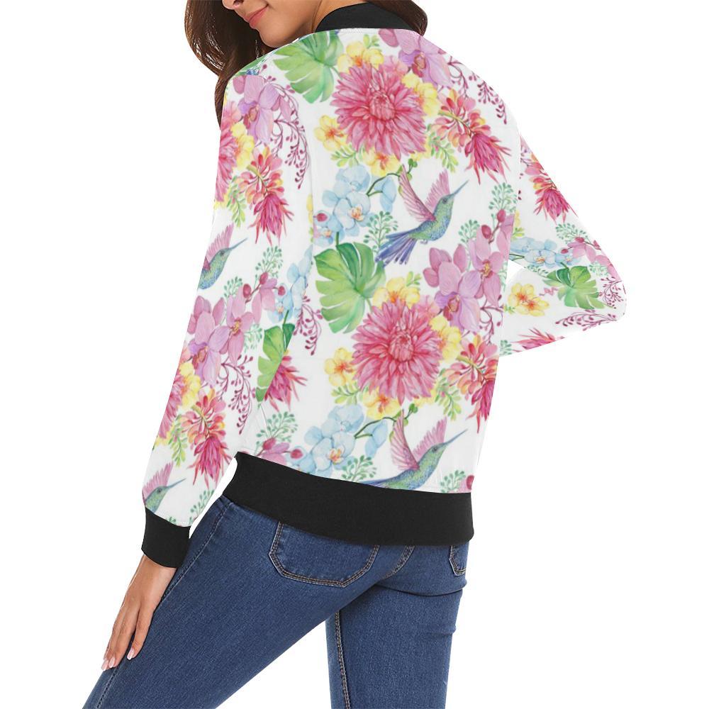 Hummingbird White Floral Drawing Pattern Print Women Casual Bomber Jacket-grizzshop