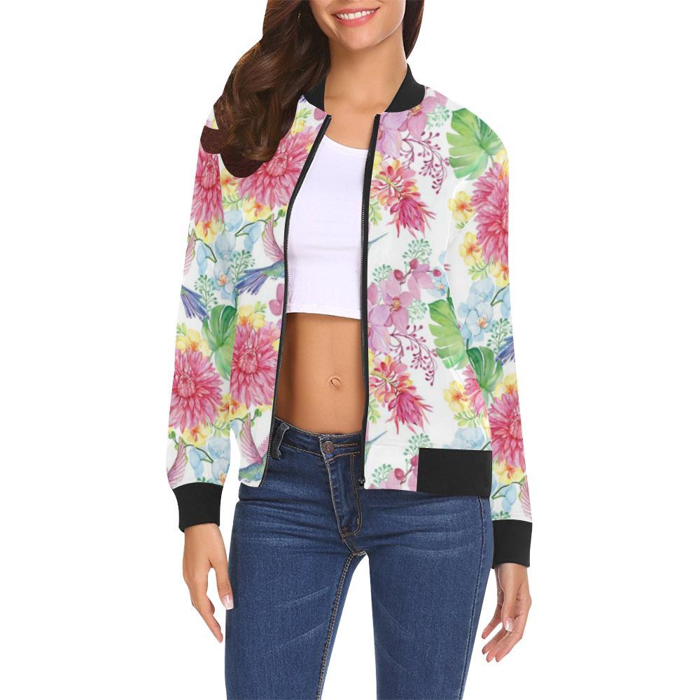 Hummingbird White Floral Drawing Pattern Print Women Casual Bomber Jacket-grizzshop