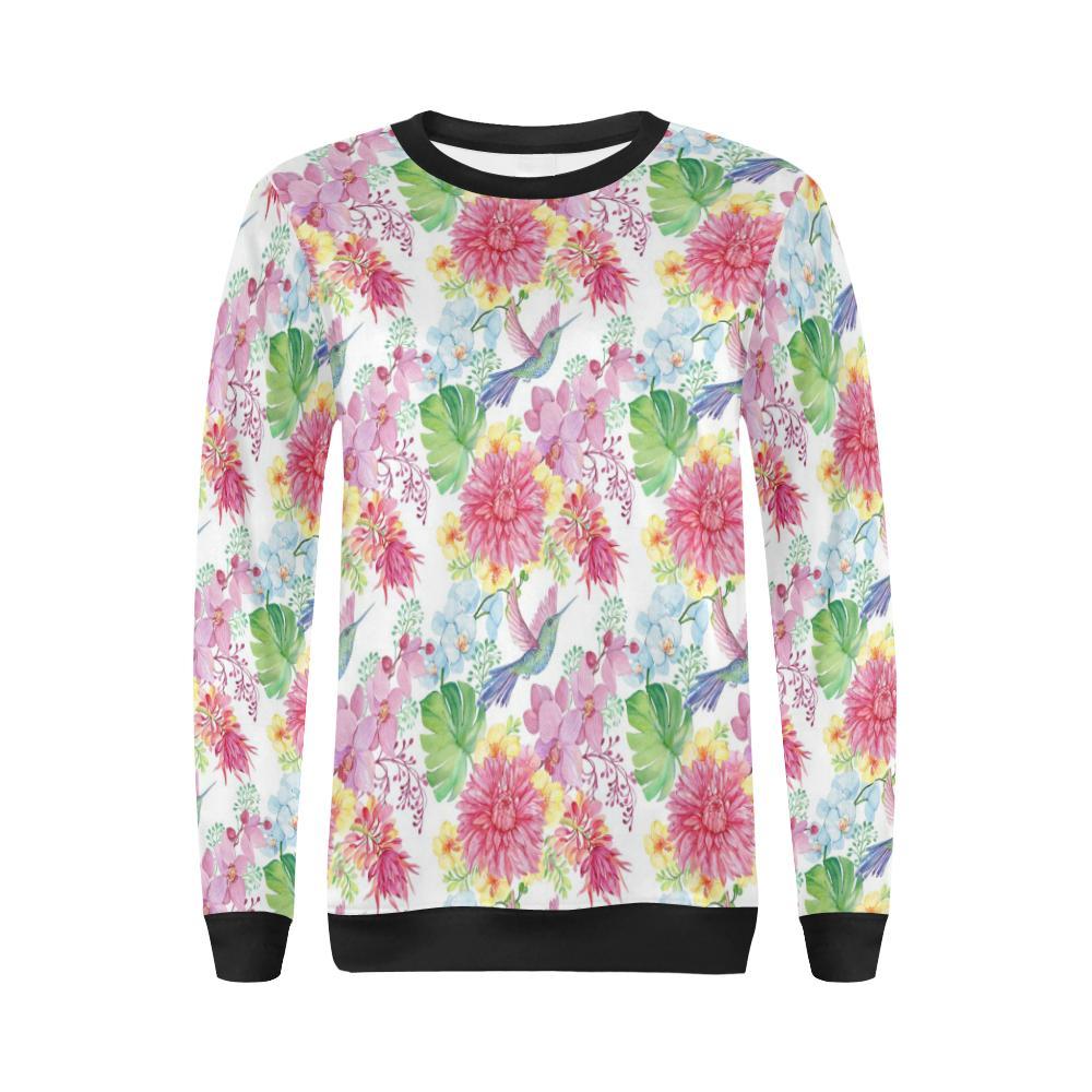 Hummingbird White Floral Drawing Pattern Print Women Crewneck Sweatshirt-grizzshop