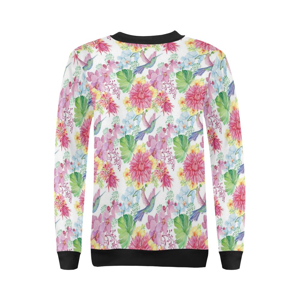 Hummingbird White Floral Drawing Pattern Print Women Crewneck Sweatshirt-grizzshop