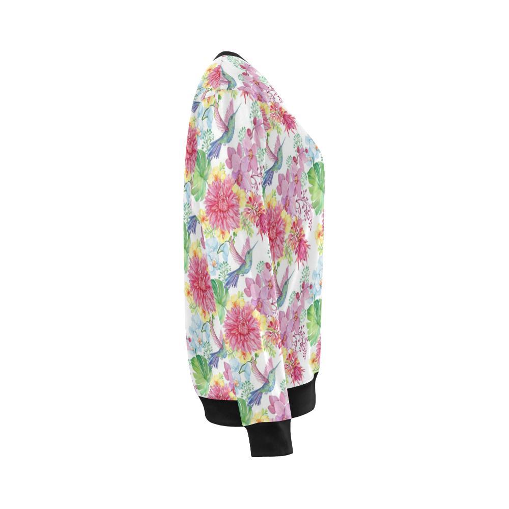 Hummingbird White Floral Drawing Pattern Print Women Crewneck Sweatshirt-grizzshop