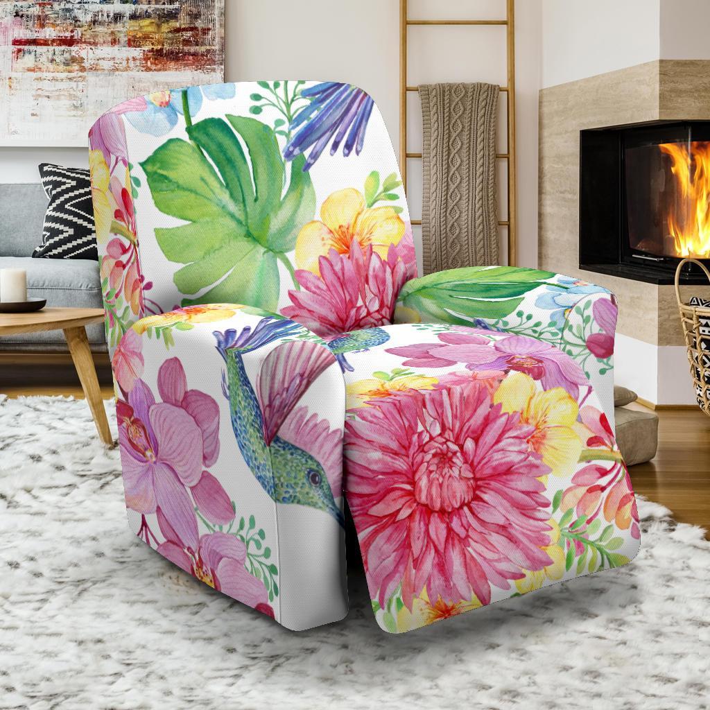 Hummingbird White Floral Drawing Recliner Cover-grizzshop