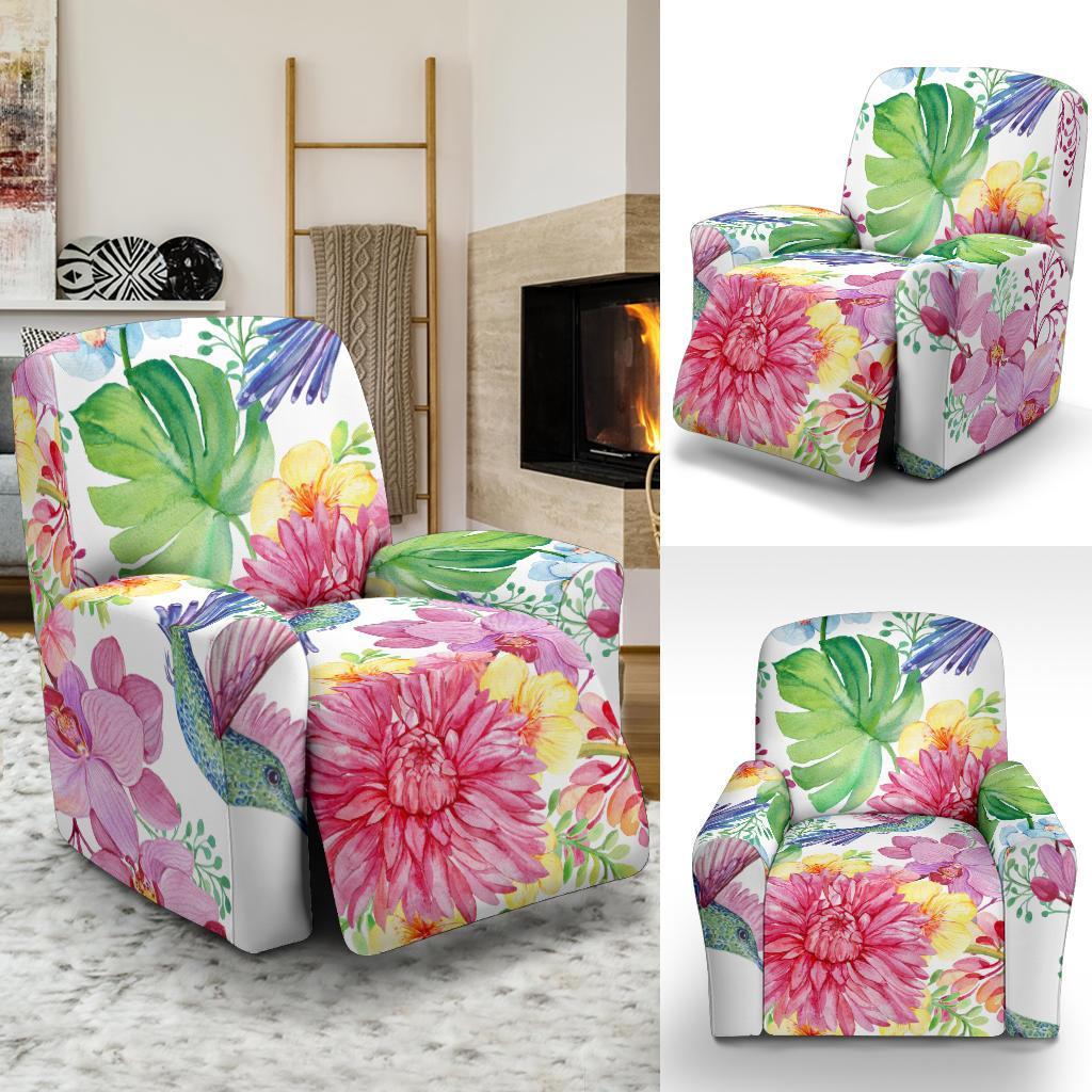 Hummingbird White Floral Drawing Recliner Cover-grizzshop