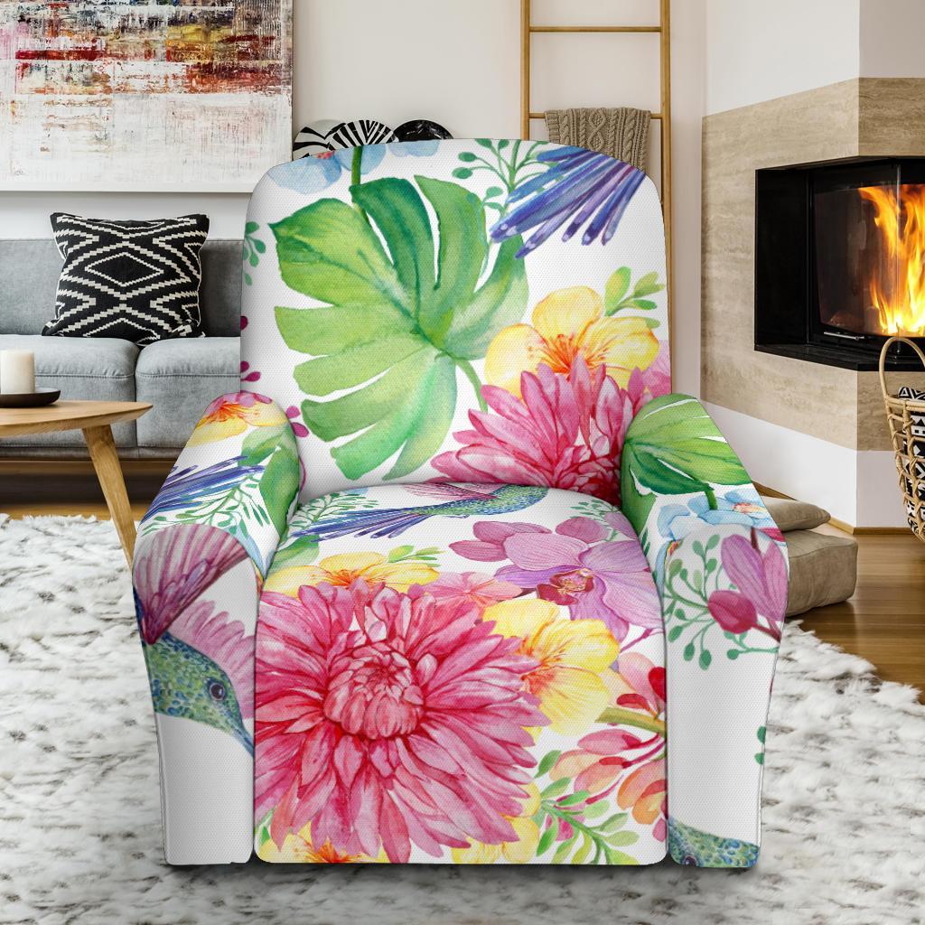 Hummingbird White Floral Drawing Recliner Cover-grizzshop