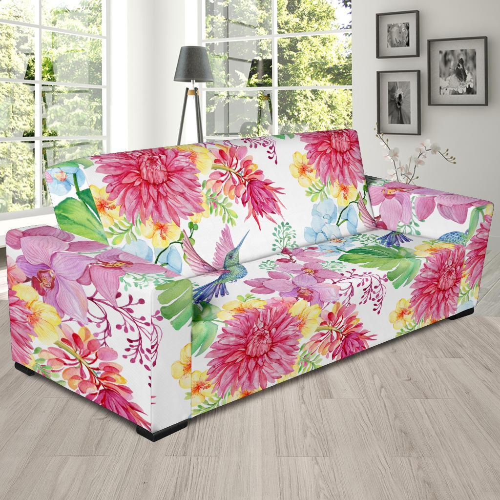 Hummingbird White Floral Drawing Sofa Covers-grizzshop