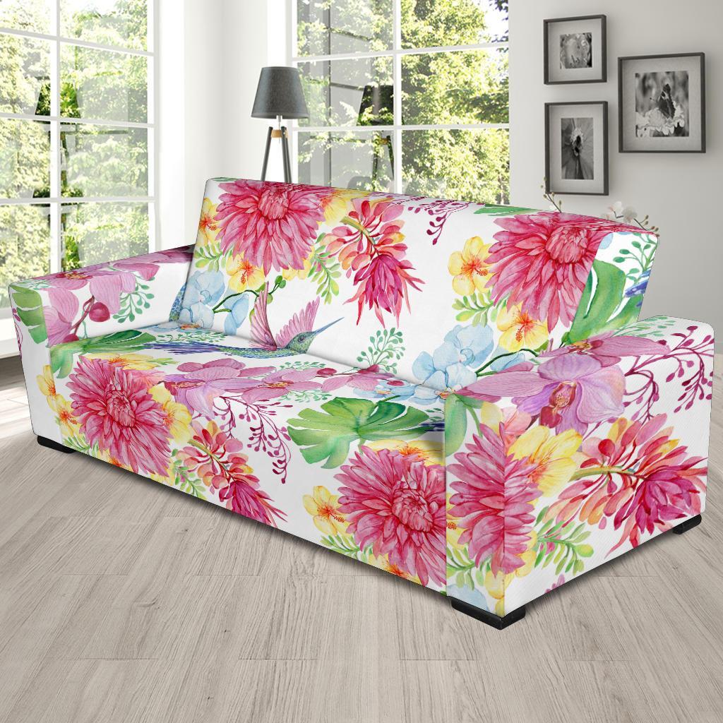 Hummingbird White Floral Drawing Sofa Covers-grizzshop