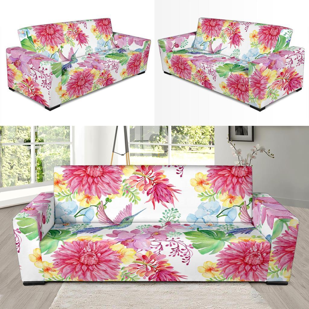 Hummingbird White Floral Drawing Sofa Covers-grizzshop