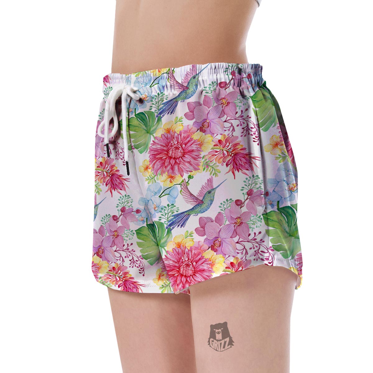 Hummingbird White Floral Drawing Women's Shorts-grizzshop