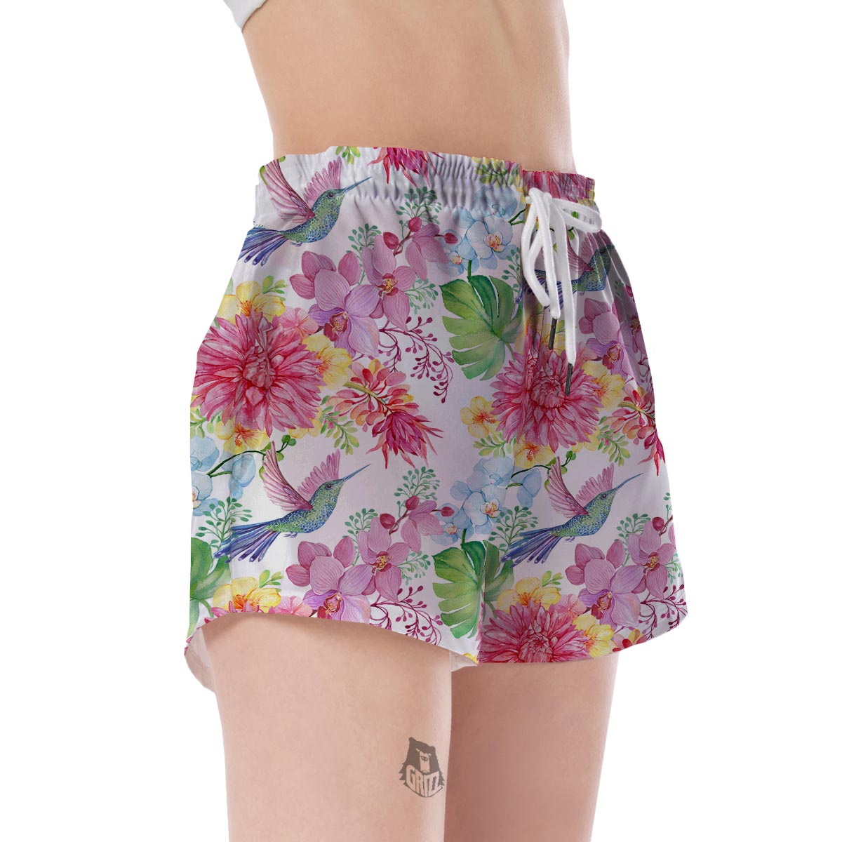 Hummingbird White Floral Drawing Women's Shorts-grizzshop