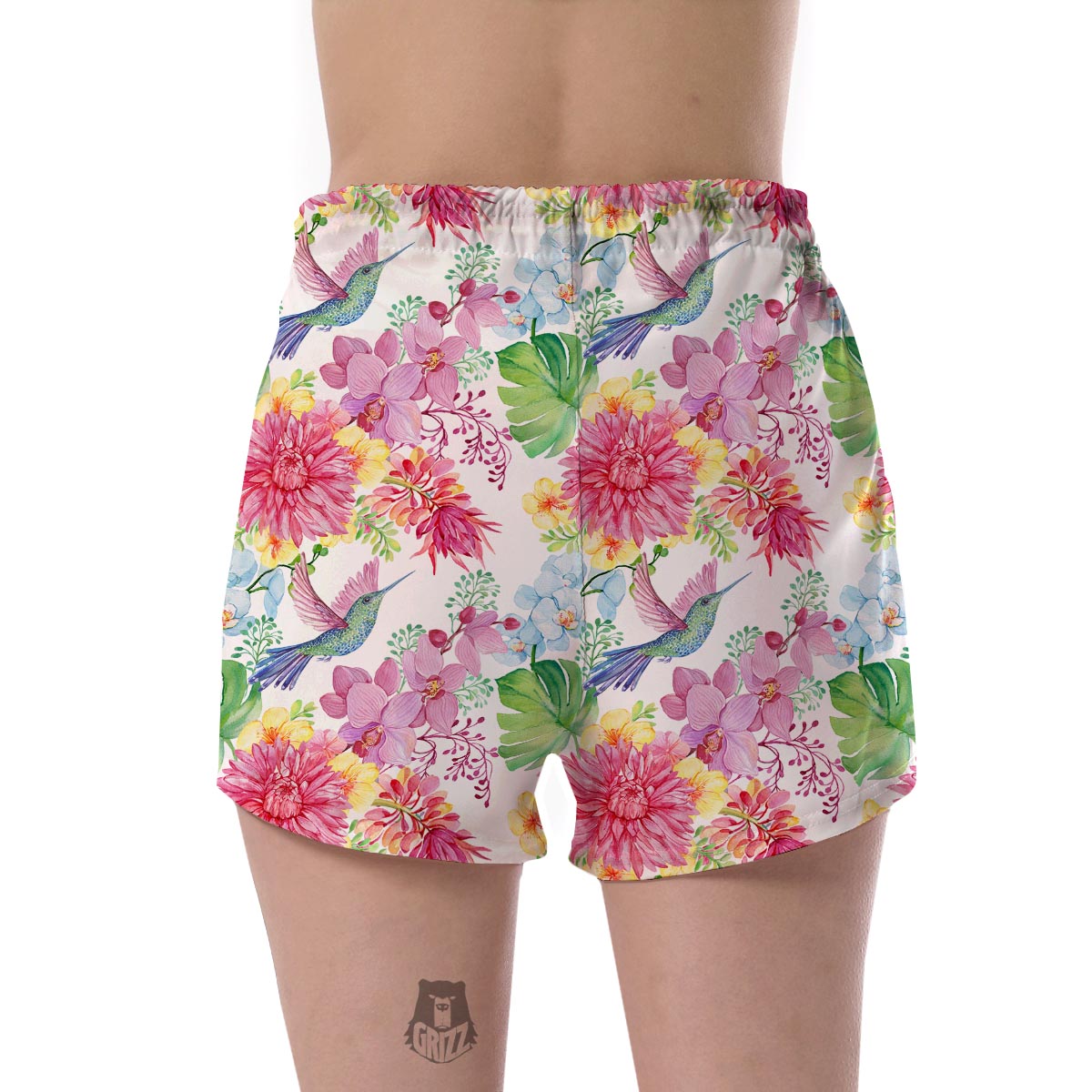 Hummingbird White Floral Drawing Women's Shorts-grizzshop