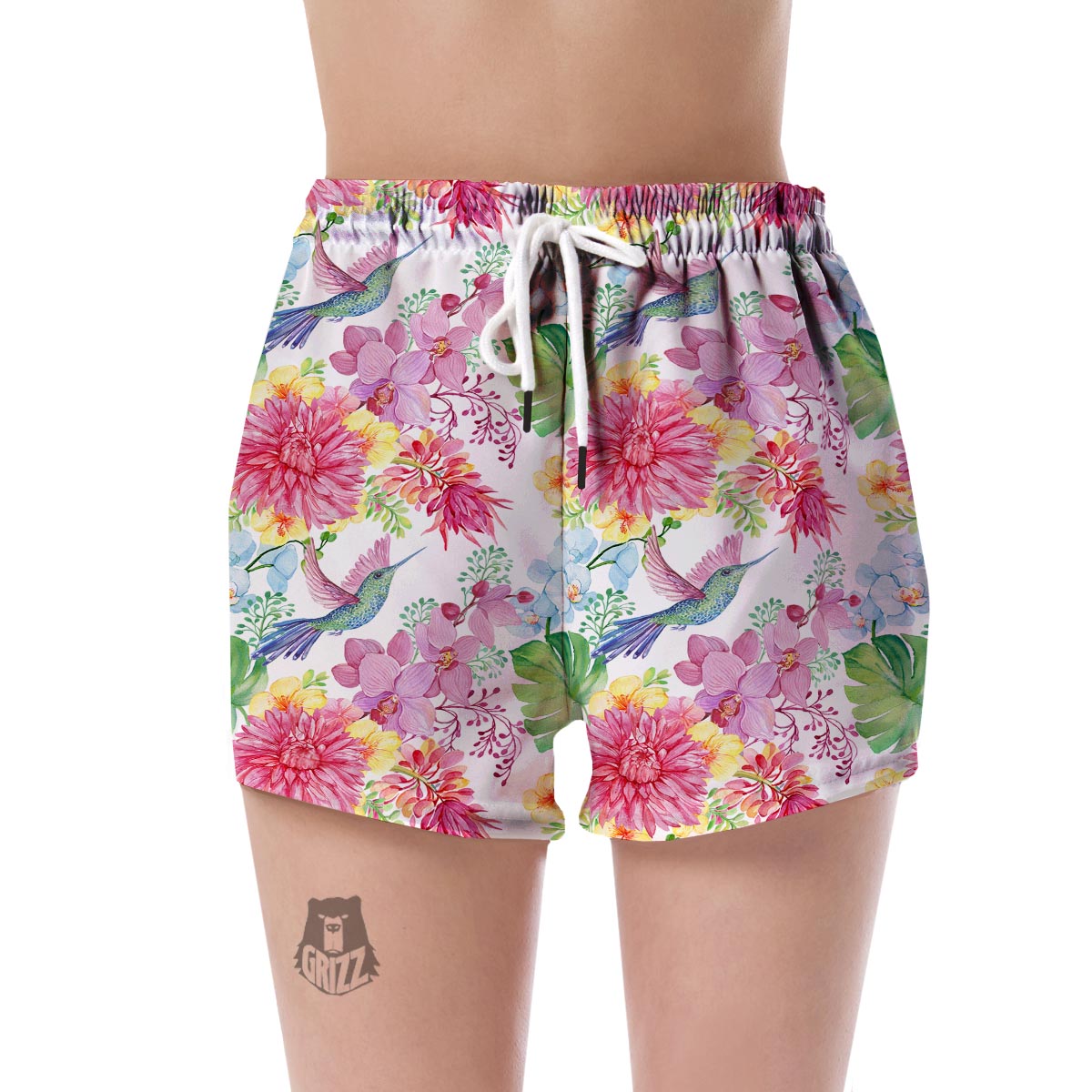 Hummingbird White Floral Drawing Women's Shorts-grizzshop