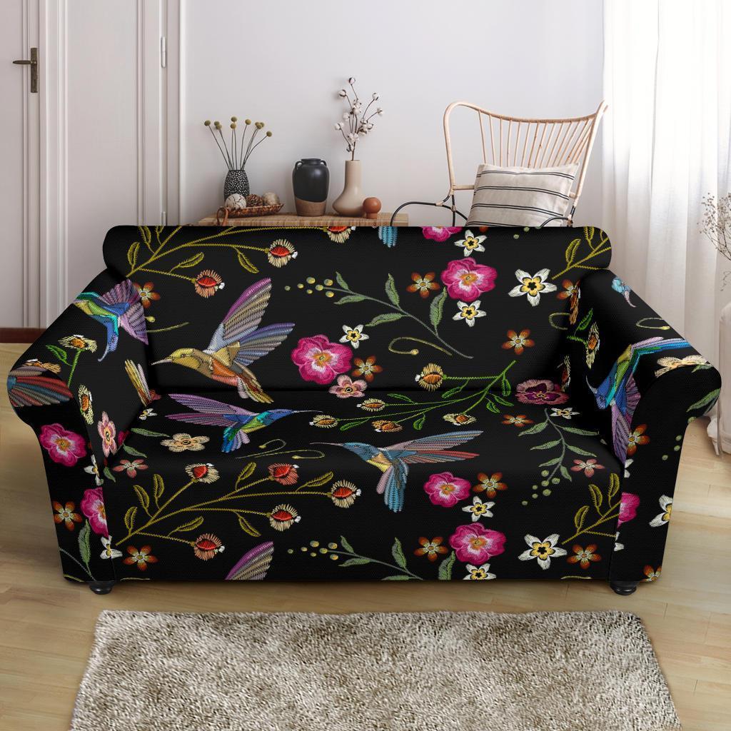 Hummingbird White Floral Loveseat Cover-grizzshop