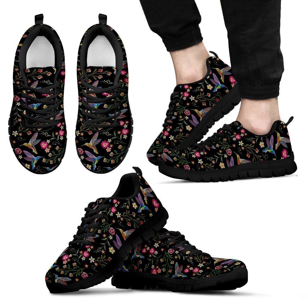 Hummingbird White Floral Pattern Print Black Sneaker Shoes For Men Women-grizzshop