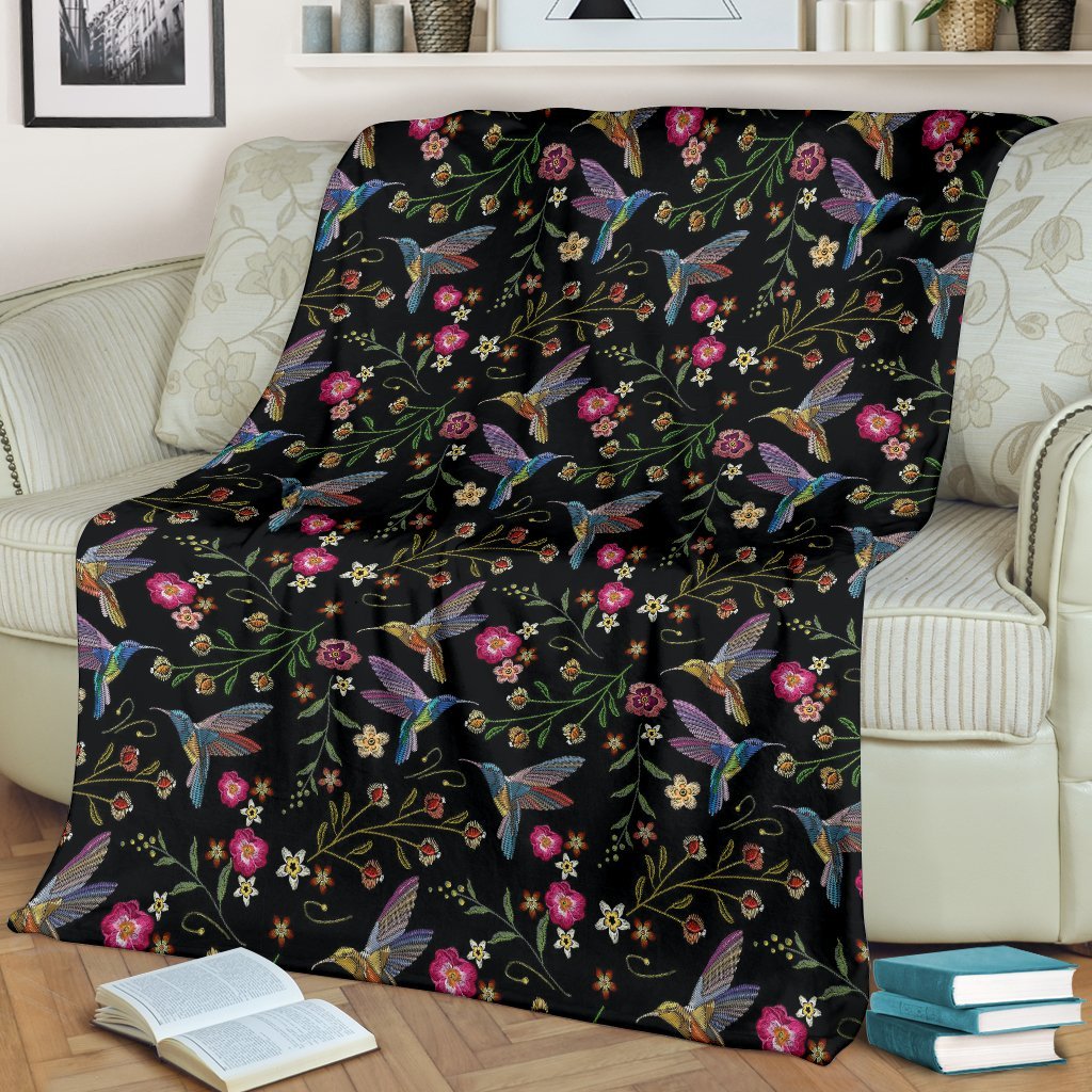 Hummingbird White Floral Pattern Print Blanket-grizzshop