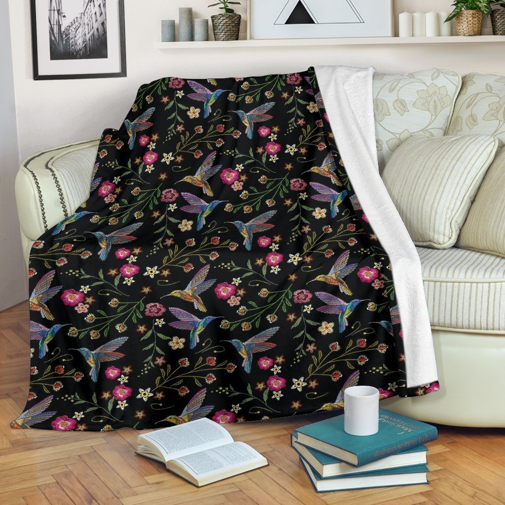 Hummingbird White Floral Pattern Print Blanket-grizzshop