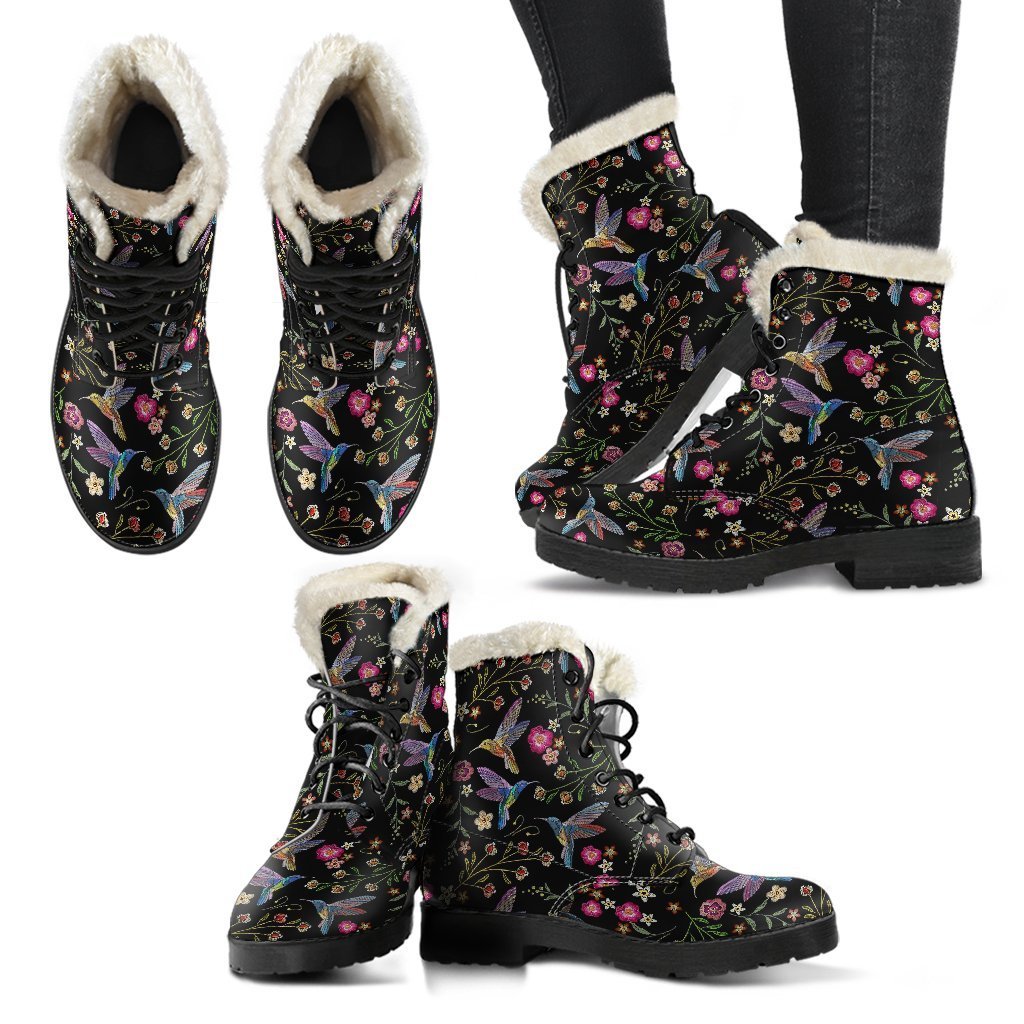 Hummingbird White Floral Pattern Print Comfy Winter Boots-grizzshop