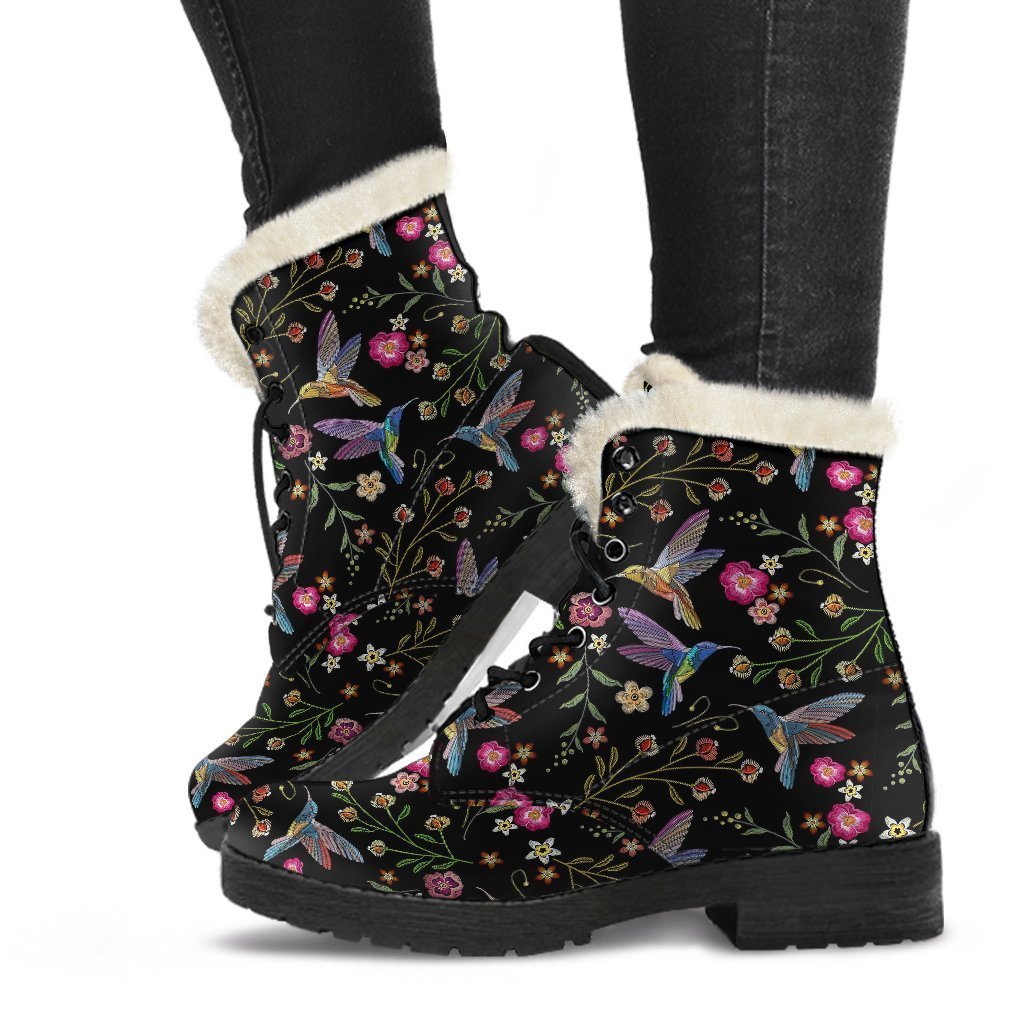 Hummingbird White Floral Pattern Print Comfy Winter Boots-grizzshop