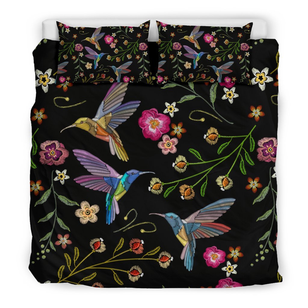 Hummingbird White Floral Pattern Print Duvet Cover Bedding Set-grizzshop