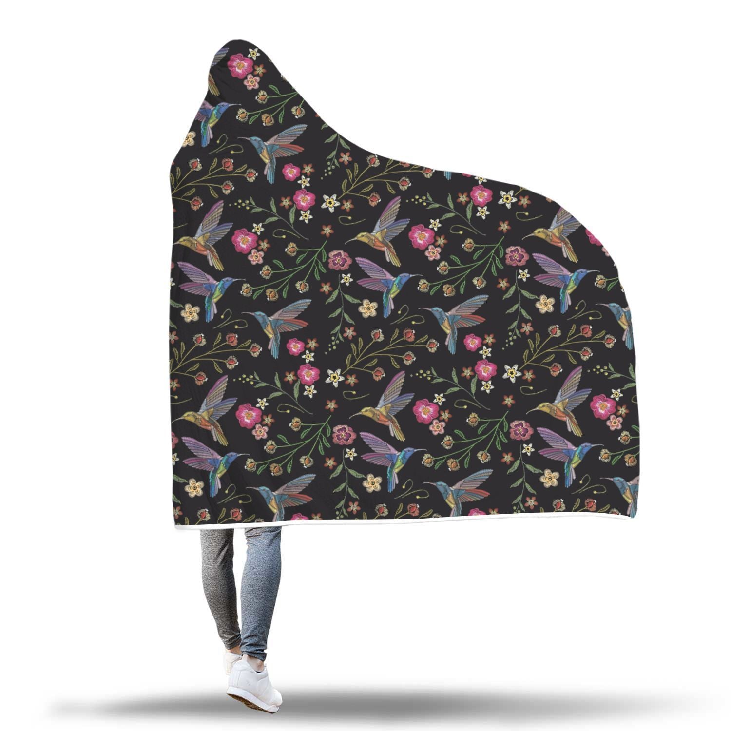 Hummingbird White Floral Pattern Print Hooded Blanket-grizzshop